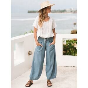 NWT Nomad The Label Sadhu French Linen Pants Tahiti Blue Medium/12 Sustainable